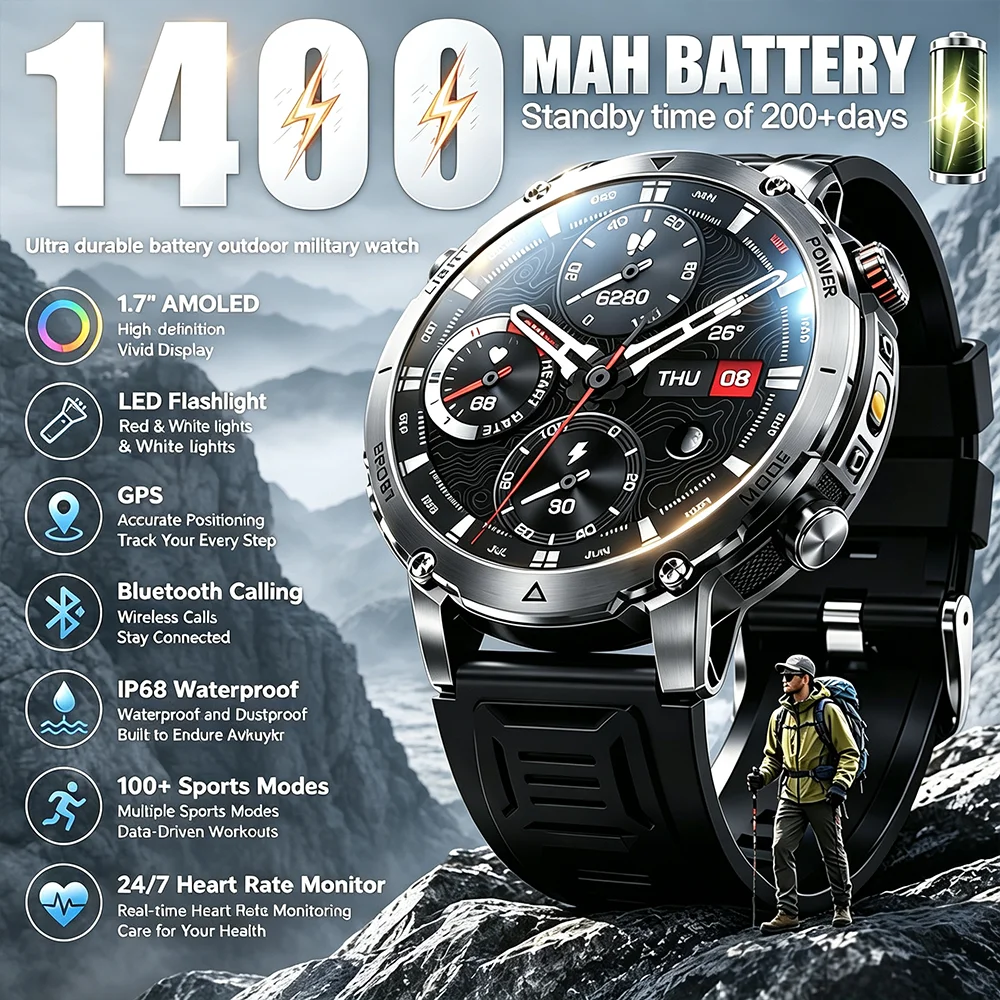 Outdoor Lighting Track - Neue Outdoor-Militär-Smartwatch mit 1400mAh Akku für