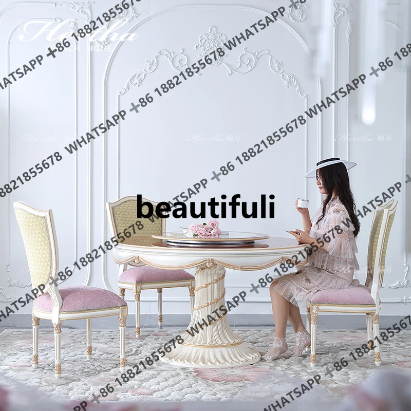 

French round dining table and chair combination high-end solid wood dining table small apartment with turntable dining table