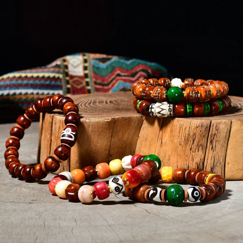 

Tibetan-style Yak Multi-Bead Bracelet with Imitation Ox Horn, Vintage , and Blood Vein Cow Bone Beads