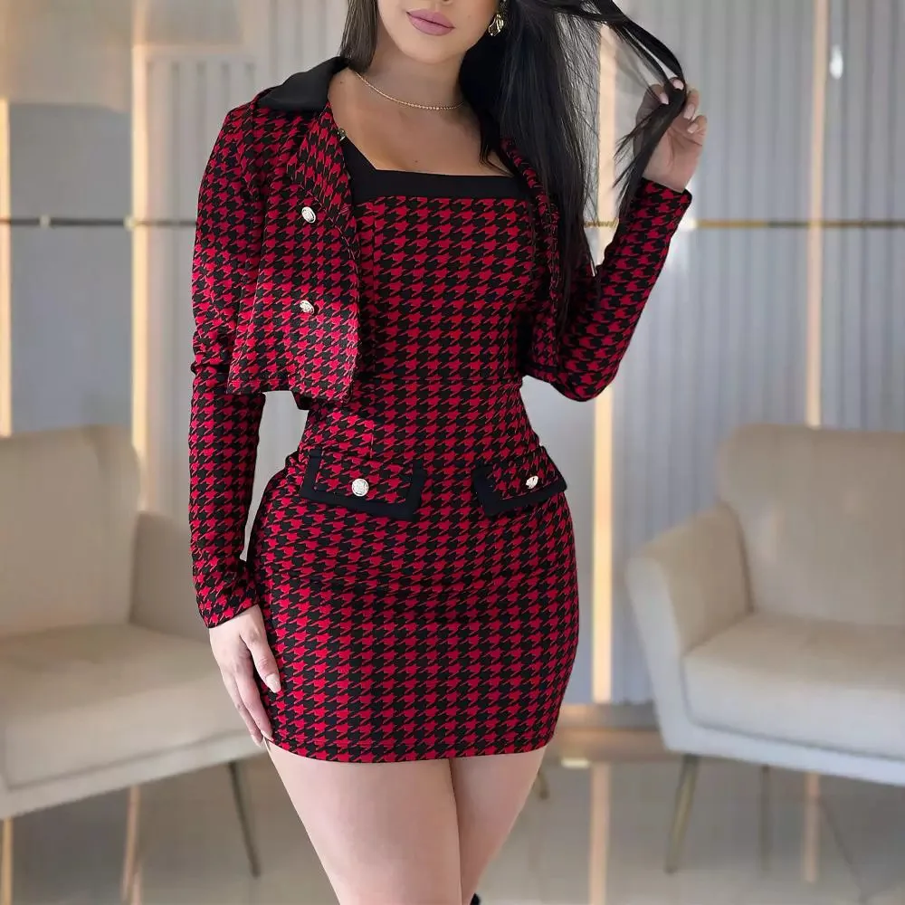 Dress Sets Women Two Piece Set Plaid Sleeveless Sexy Hip Wrap Sling Mid Length Dresses Short Coats Full Sleeve Elegant Splice