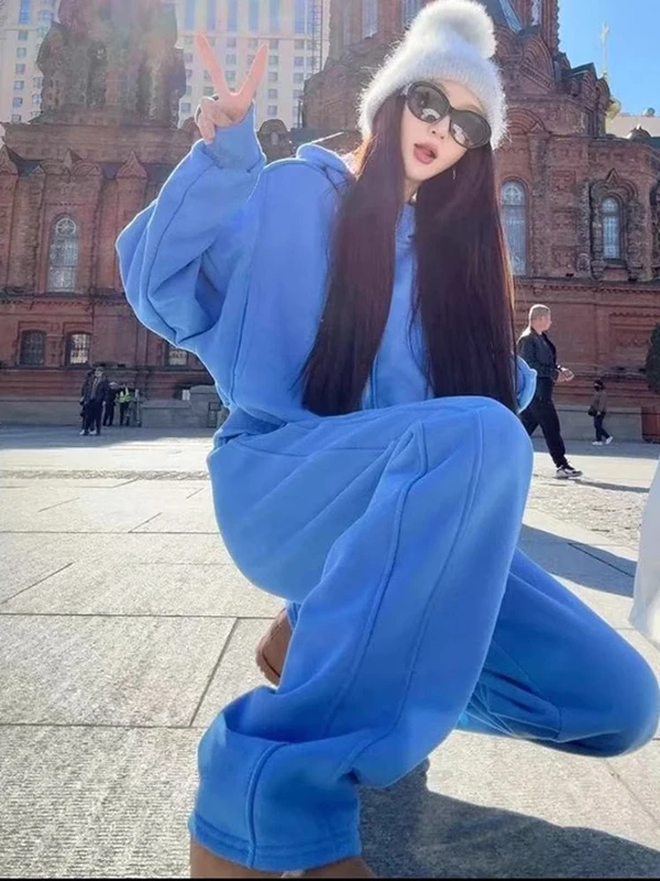 

Faionable Casual Sportswear Set Women's Autumn Winter Thiened Hoodie High Waist Wide Leg Pants High-End Two-Piece Set