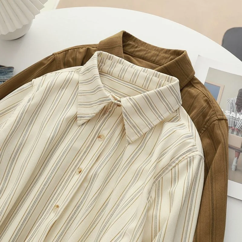 

Female Spring Summer Korean Fashion Button Striped Solid Color Turn-down Collar Cotton Women Shirts All-match Long Sleeve Tops