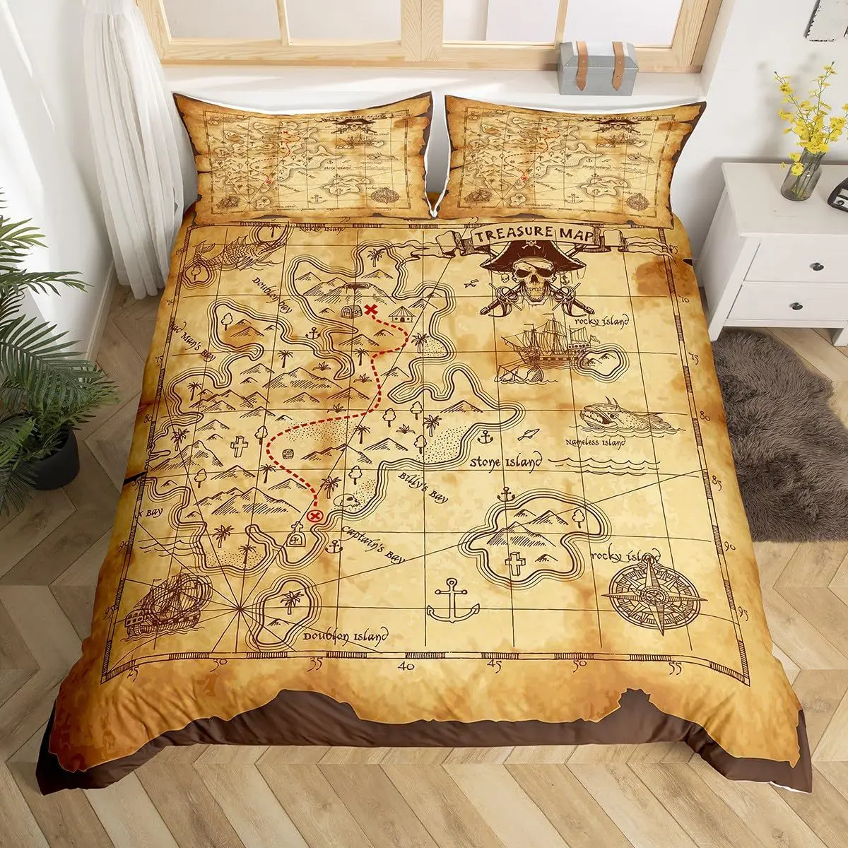 

Retro Pirates Duvet Cover Set Skull octopus treasure map Bedding Set Adult Boy Girl Bedroom Decoration Single Double Large Size