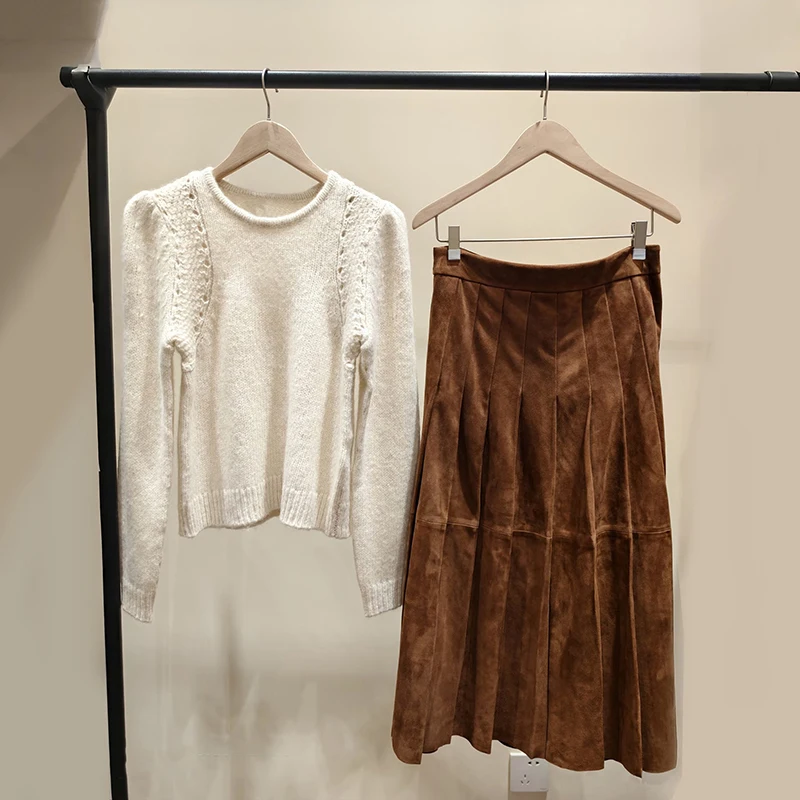 

Spring 2026 Early Faionable Color round Ne Knitted Sweater Pleated A-Line Long Skirt Set Women's French Sle Knitwear