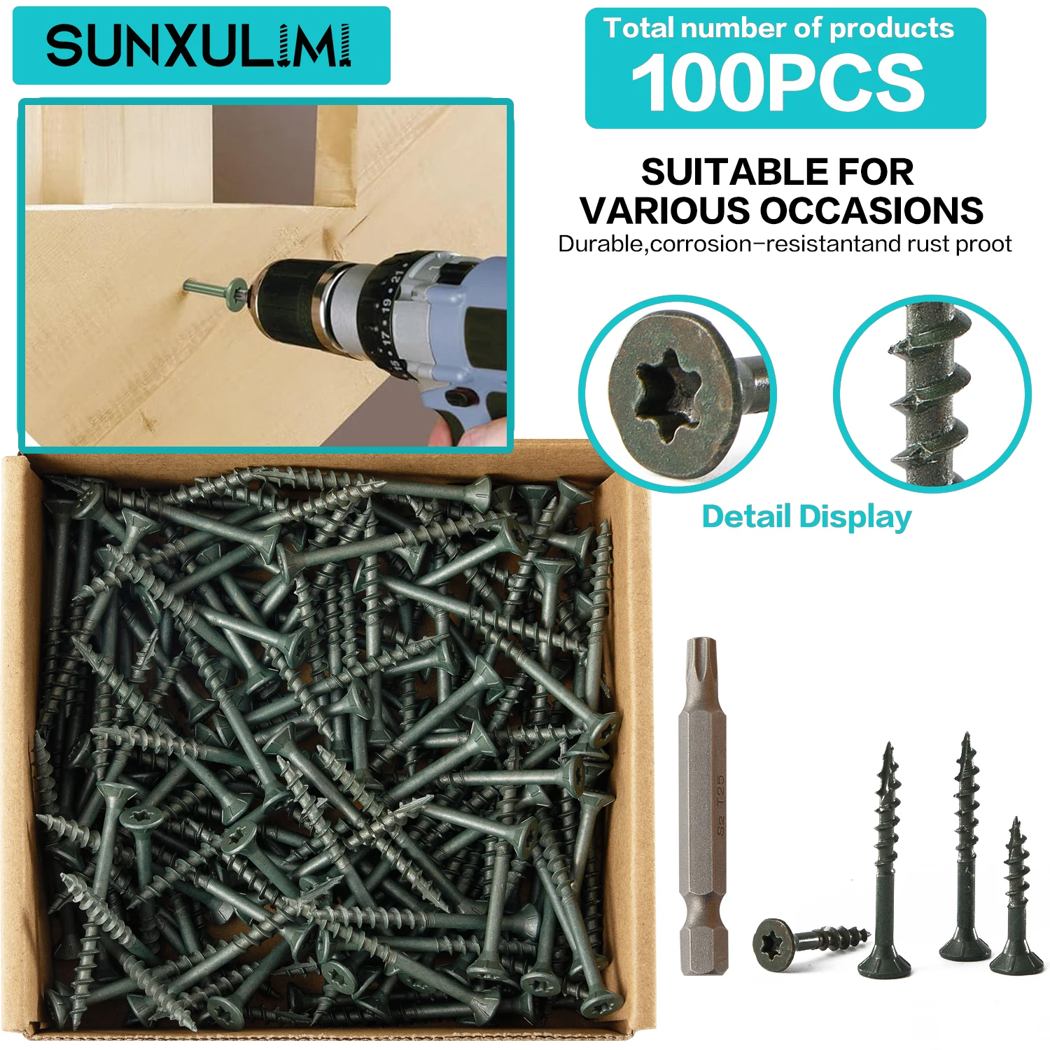 150/100-piece set of #8 x2 and #10x3 green wood screws with star-shaped drive, rust-resistant wood screws with star-shaped drill