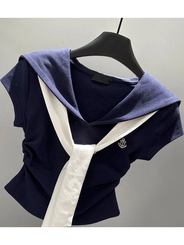 الكورية Preppy نمط المرقعة تي شيرت المرأة الصيف موضة بحار طوق ضمادة سليم تيز أنيقة عادية تونك سيدة بلايز جديد #6