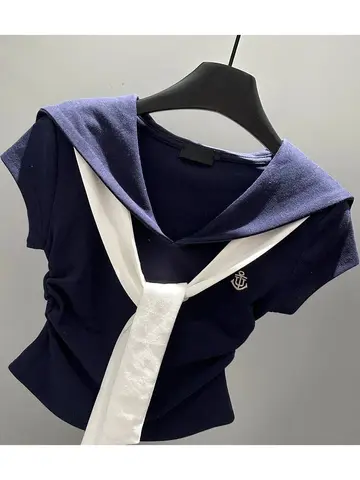 कोरियाई प्रीपी स्टाइल पैचवर्क टी शर्ट महिलाओं के लिए ग्रीष्मकालीन फैशन नाविक कॉलर बैंडेज स्लिम टीज़ सुरुचिपूर्ण कैज़ुअल ट्यूनिक लेडी टॉप नई 10 best sales नाविक शीर्ष - №7