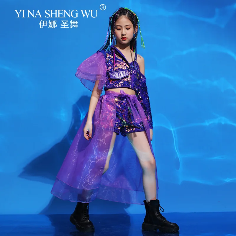 أزياء الفتيات المشي تظهر ملابس الأطفال الجاز الرقص أداء دعوى الهيب هوب الرقص الحديث الزي الأرجواني الترتر بلوزات وسراويل