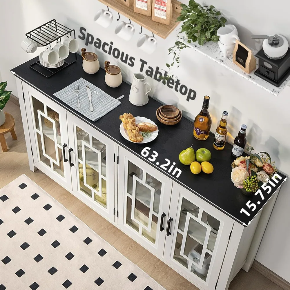 Grande armoire de planche avec rangement, café et bar à vin de ferme avec 4 portes en verre, buffet moderne du milieu du siècle en bois, 63 po