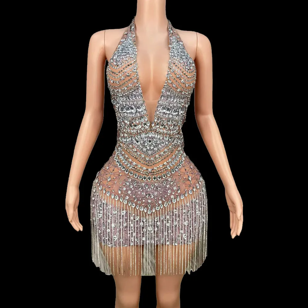 

Luxury Unique Products Backless Strapless Sexy Women Party Club Dresses Rhinestones Sparkly Cocktail Short Dress Stage Wear