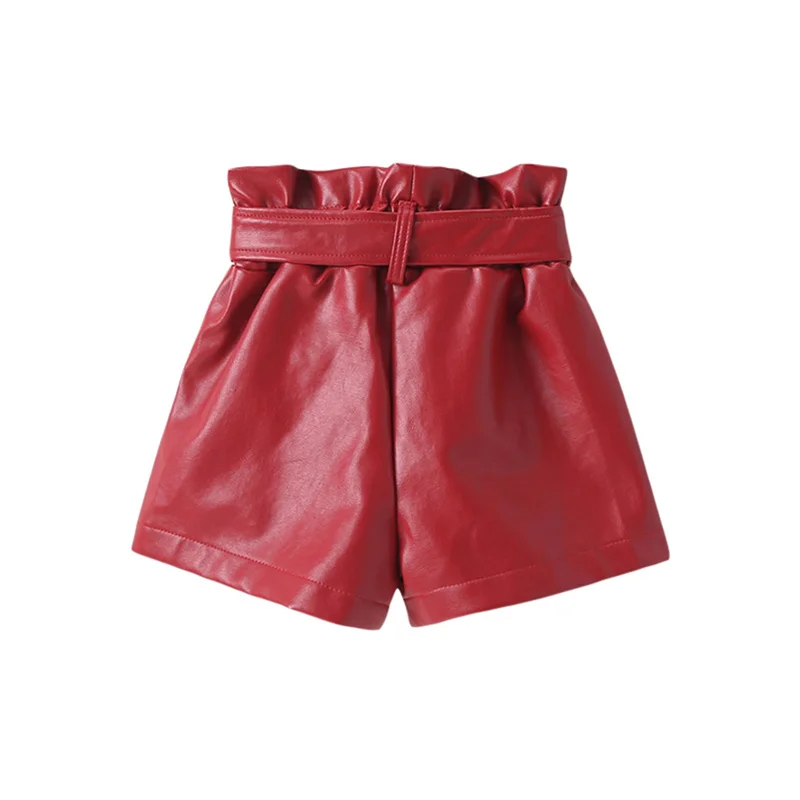 Blotona Kids Girls Leather Shorts, Solid Color Elastic Waist Tie Front Casual Straight Leg Shorts with Belt for Baby, 1-6Years