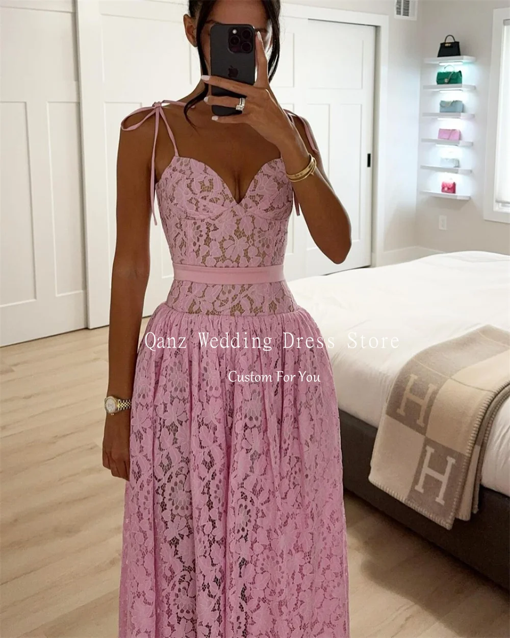 Qanz Pink Lace Evening Dresses Sweetheart Spaghetti Straps Tea Length A Line Party Dress Elegant Customized Wedding Guest Dress