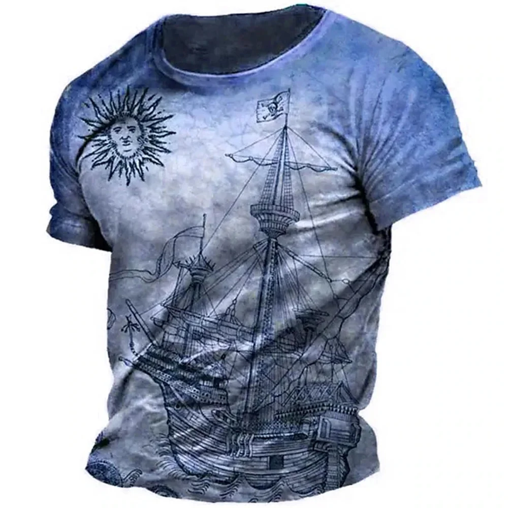 Men\'s T Shirt Vintage 3d Print Nautical Map Compass T-Shirt Round Neck Short Sleeve Male Top Casual Harajuku Tee Loose Clothing