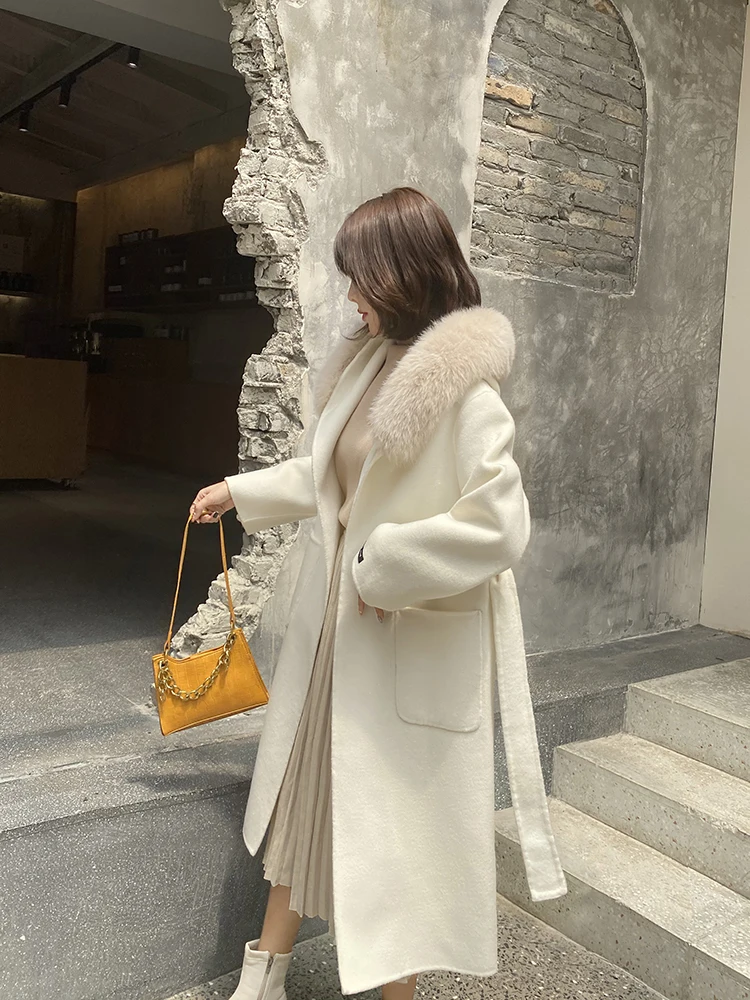 

Женское зимнее пальто Anna Home из двусторонней шерсти с капюшоном и меховым воротником, средней длины, нежное и элегантное