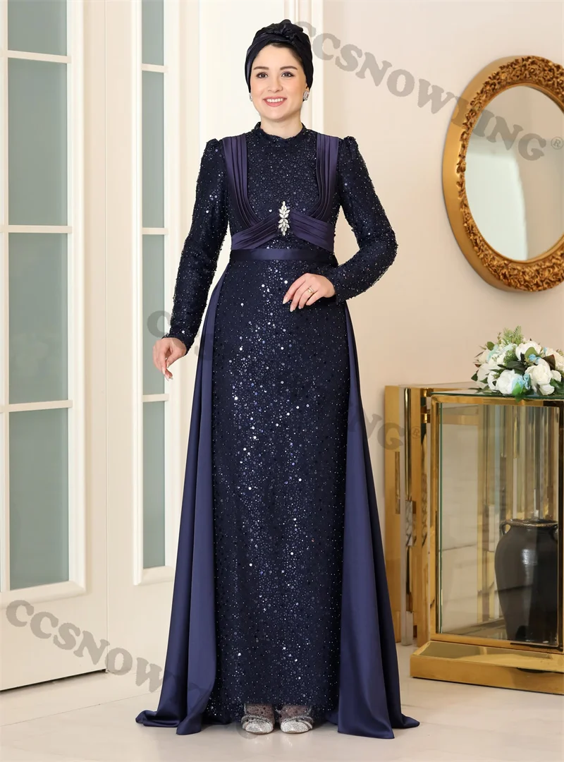 

Classical Appliques Sequin Long Sleeve Muslim Evening Dresses Formal Party Gown High Neck Hijab Arabic Kaftan Robe De Soiree