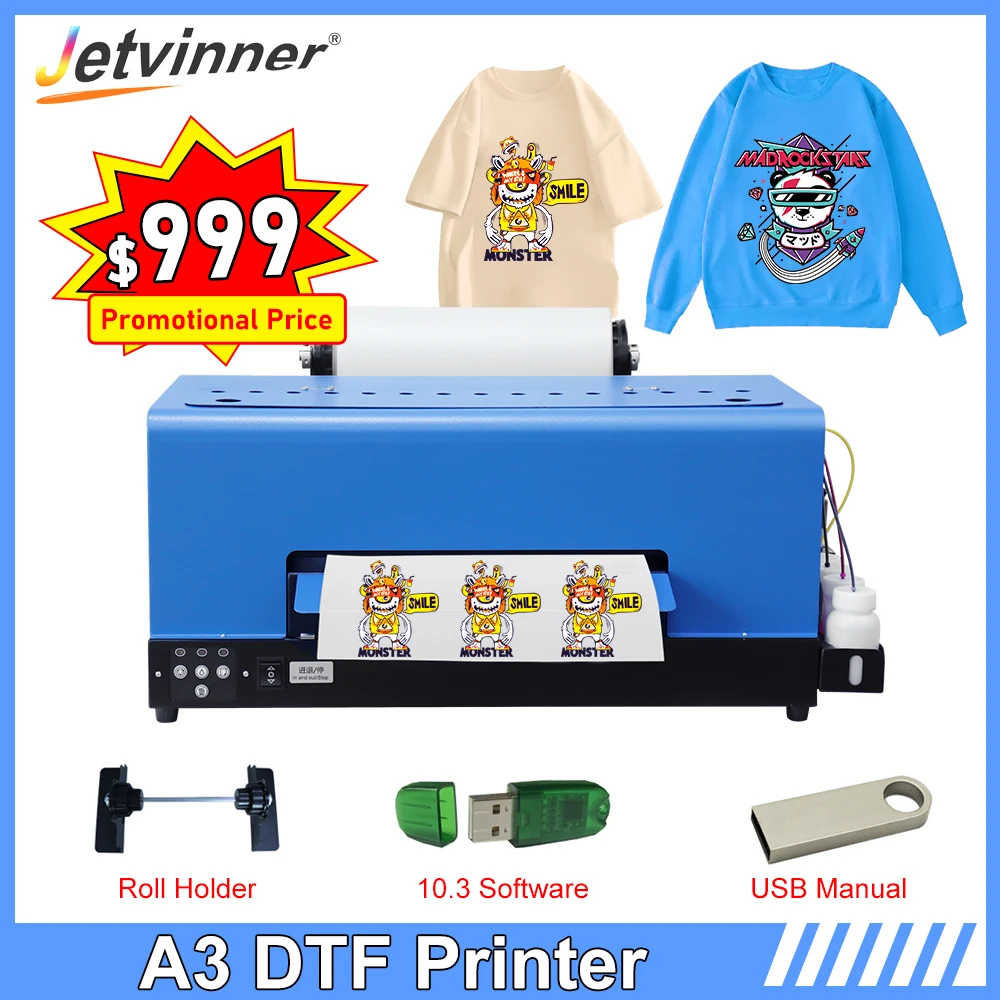 A3 DTF Printer T Shirt Printing Machine A3 Directly Transfer Film Printer with Roll Feeder For t shirt Hoodies Jeans DTF Printer