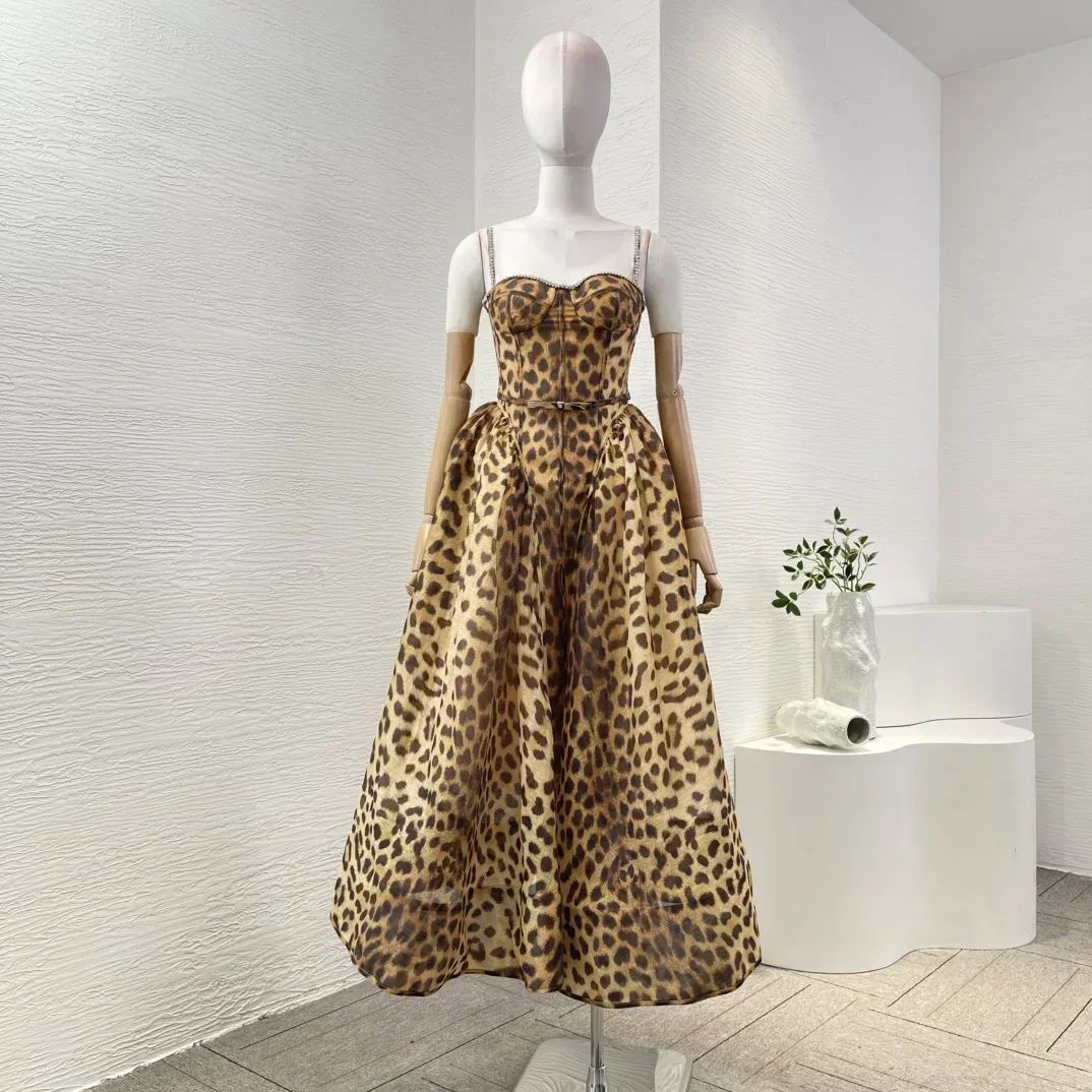 Classic Leopard Print New High Quality 2025 Linen Silk Sleeveless Pleats Diamonds Women Vintage Spaghetti Midi Dress