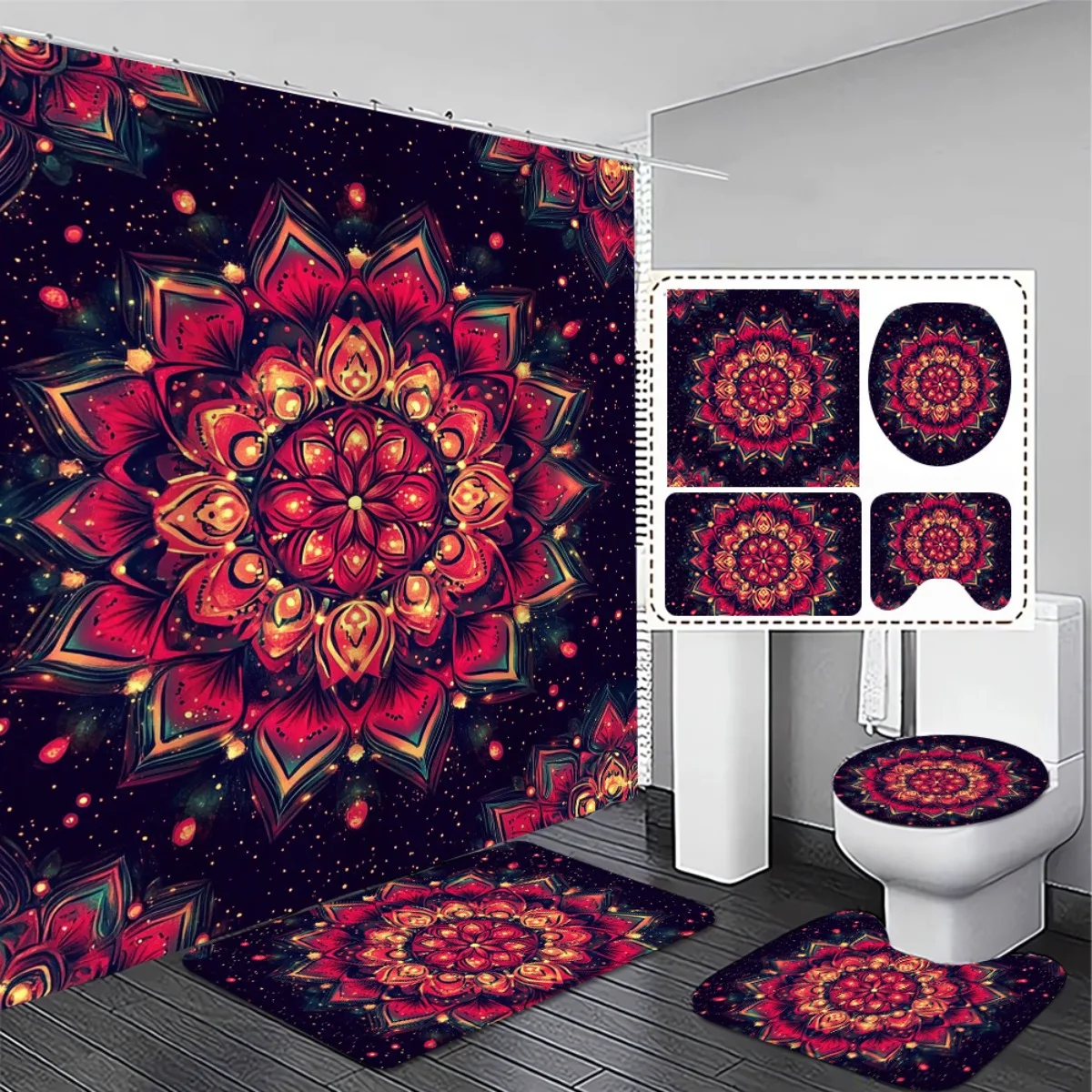 

4pcs Moroccan Bathroom Shower Curtain Set with Non-Slip Mat Rugs - Red Black Golden Mandala Pattern, Durable Plastic Fabric