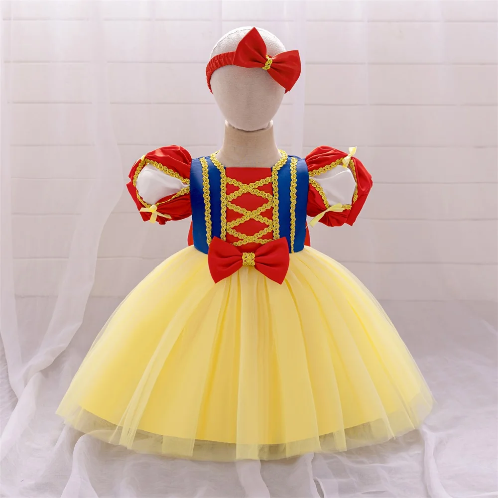 

2PCS Yellow Snow White Baby Party Dress Carnival Baby Tulle 1st Birthday Wedding Prom Costume Toddler Infant Bow Stripe Dresses