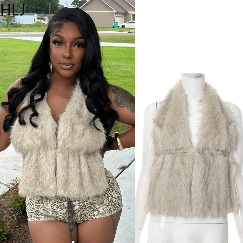 

FAGADOER Sexy Fur Patchwork Bodycon T-shirt Women Deep V-neck Lace-Up Sleeveless Backless Tshirt Female Streetwear 2025 New