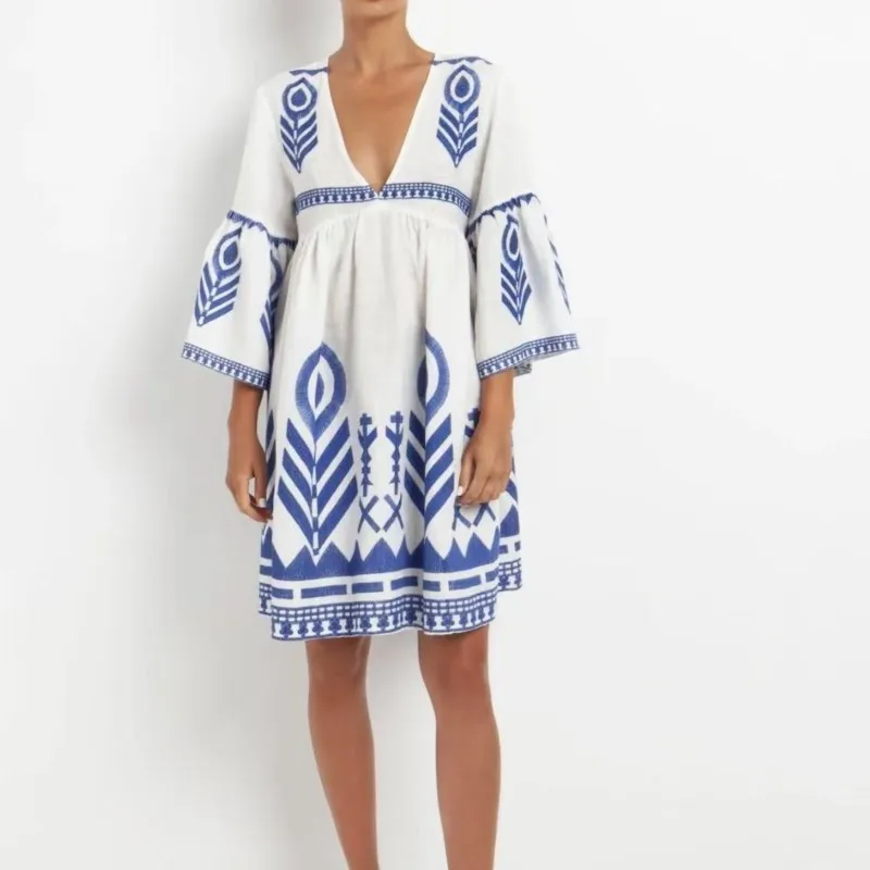 Abito stampato stile Boho alla moda Abito casual con scollo a V Manica a foglia di loto Abito ampio Primavera e autunno Nuovi abiti da donna per le vacanze