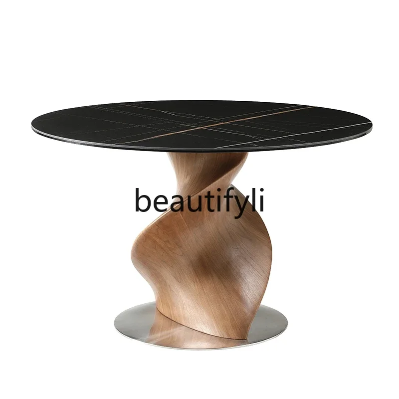 

Italian minimalist rock slab dining table round walnut light luxury dining table glass modern simplicity