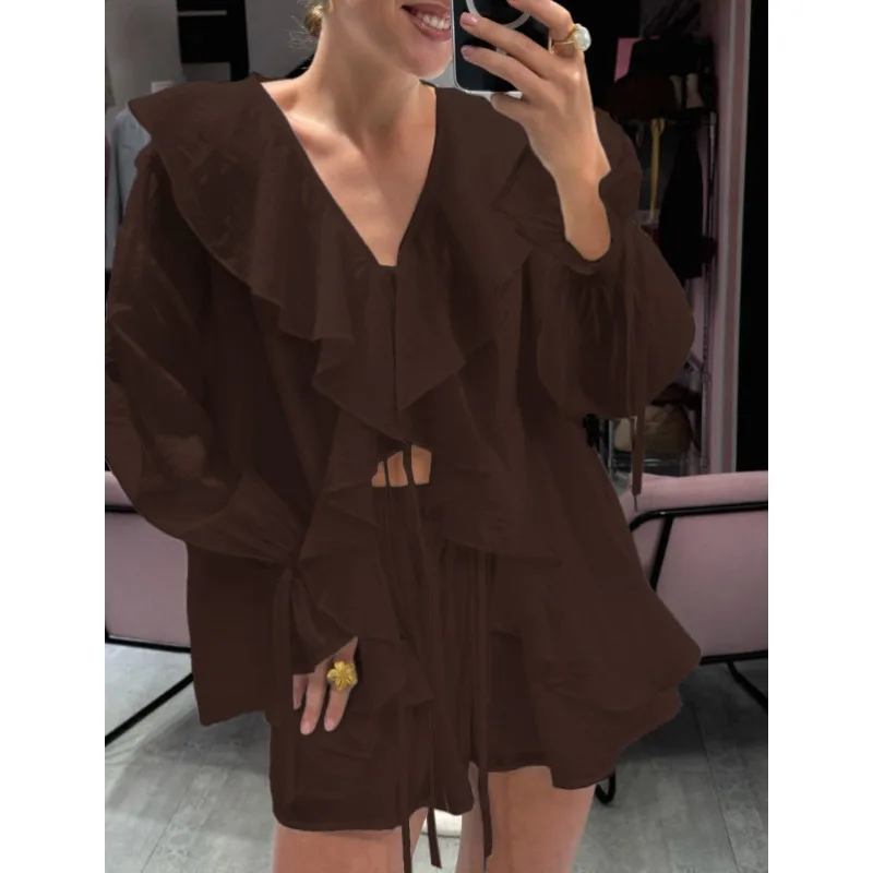 Férias de verão manga longa plissado rendas até chiffon shorts terno feminino casual decote em v sólido solto shorts conjunto 2025 feminino novas roupas