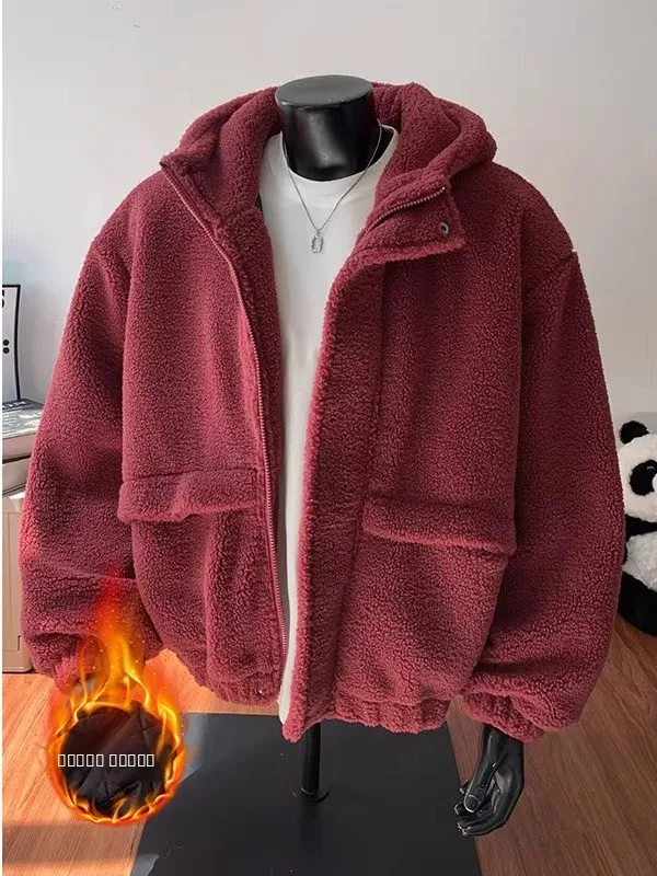 

Красная мужская зимняя куртка из хлопка с капюшоном из овечьего вельвета, теплая, в американском стиле, с отделкой из овечьего меха, на молнии, свободного кроя