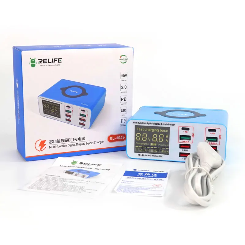 RELIFE RL-304S 1+8 Multifunctional Digital Display 8 port Charger for IP/HW/VI/OP/MI/MZ/SAM and other Brands of Mobile Phones