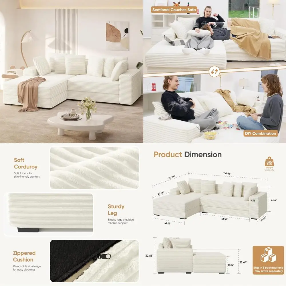 

Очень большой L-образный секционный диван-облако с шезлонгом, двусторонний вельветовый диван, 8 подушек для гостиной