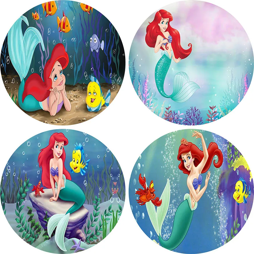 Ariel Mermaid Round Backdrops Little Mermaid Circle Background Girls Birthday Table Banner Covers