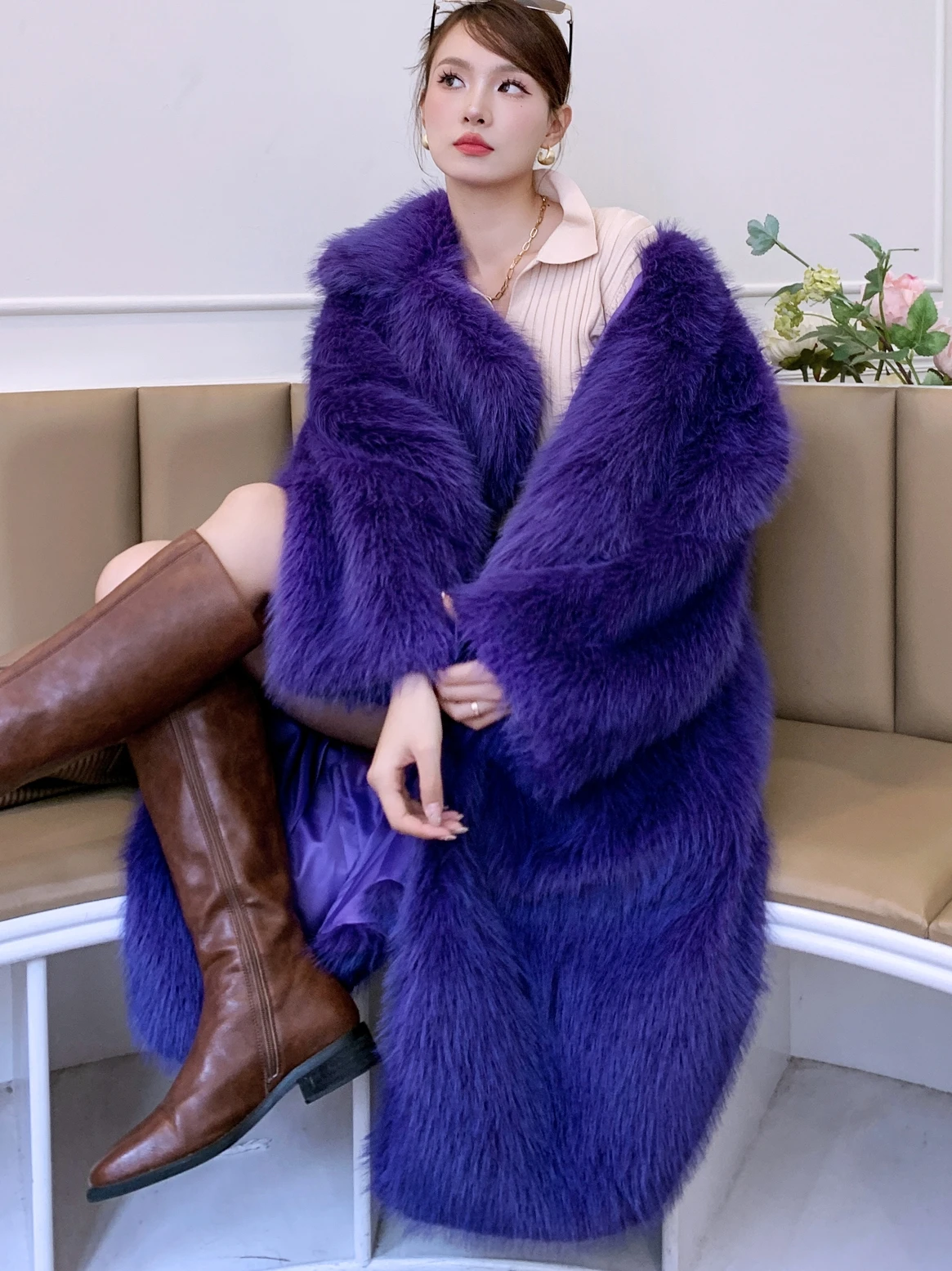 Winter New Fashion Deep Purple Faux Fur Coat Eco-friendly Lapel Long Jacket Women\'s Clothing Promotion