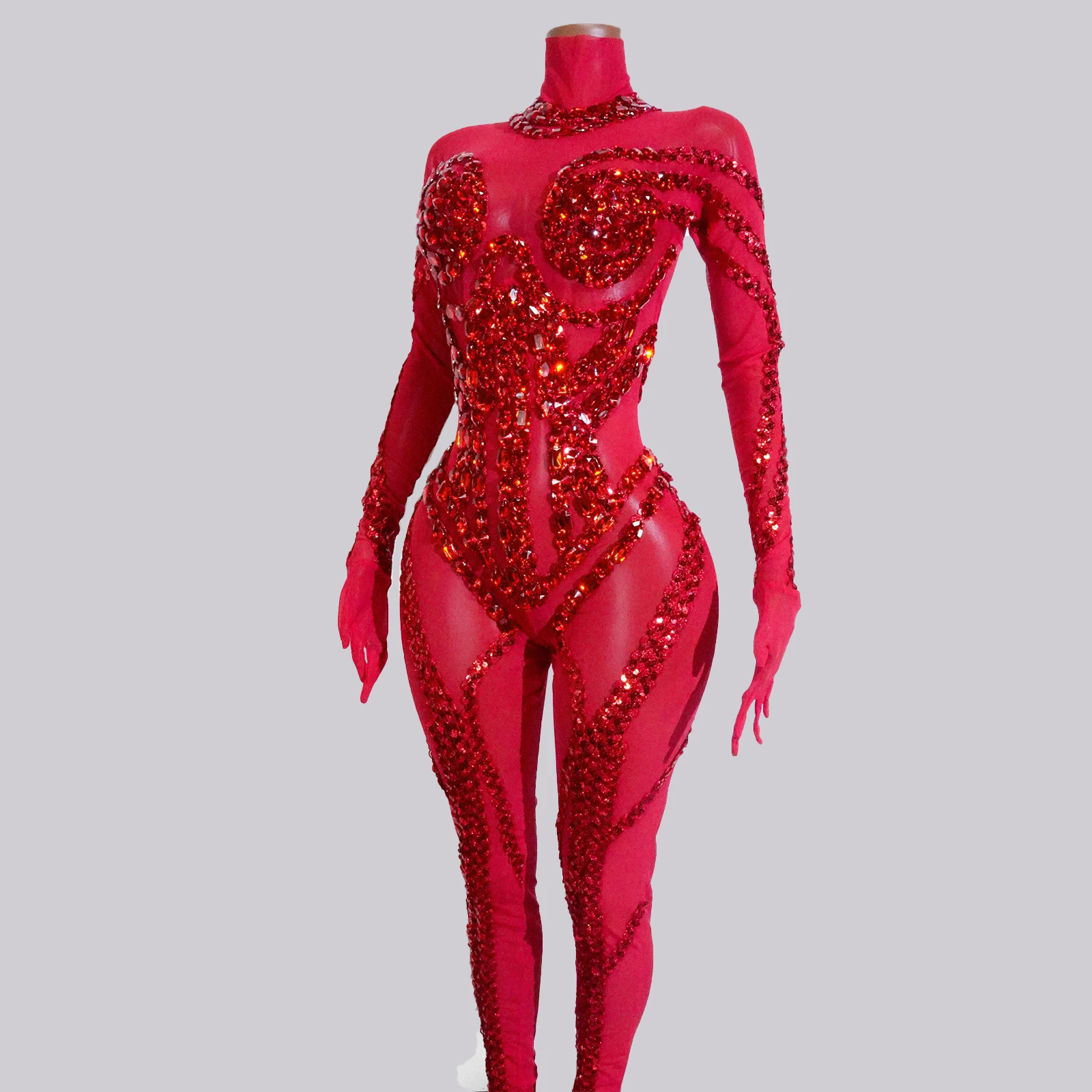 Kostium Showgirl Prześwitujący Brokatowy Czerwony Kombinezon z Cyrkoniami Cekiny Strój Sceniczny Klubowy na Występ Taneczny Imprezę Gogo Drag