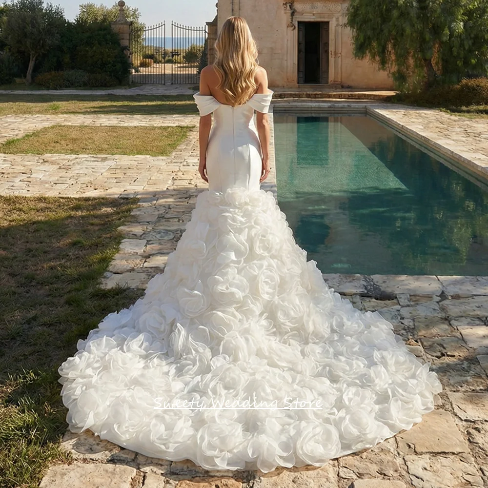 Mermaid Wedding Dress with handmade Flowers Customized Off The Shoulder Scoop Neck Back Zipper Court Train Bridal Gown
