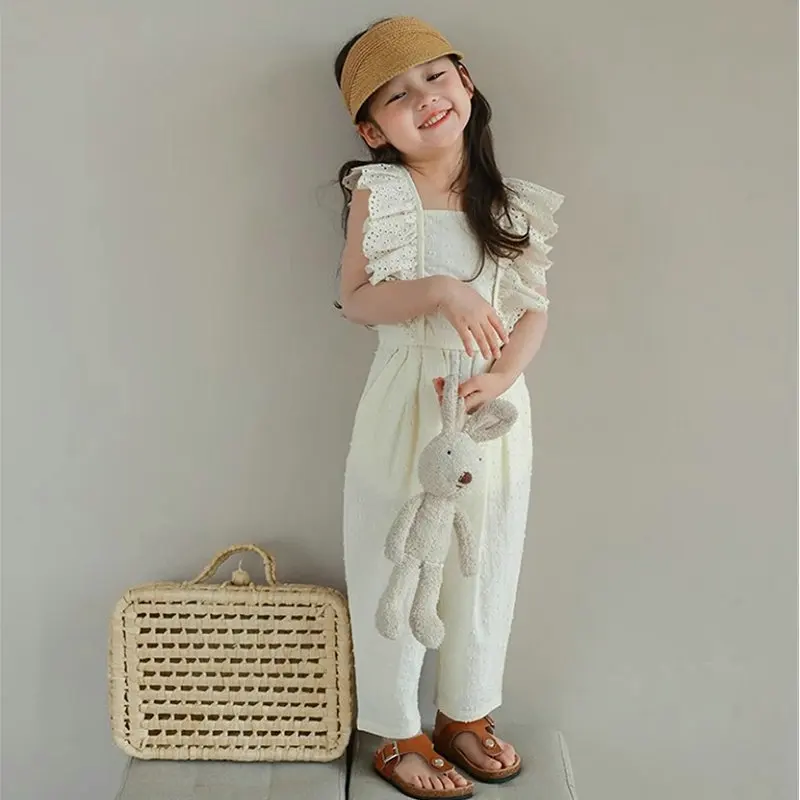 

Summer New Solid Color Minimalist Temperament Children's Set Girls' Clothing Set Hollow Lace Flying Sleeves Top+Cropped pants