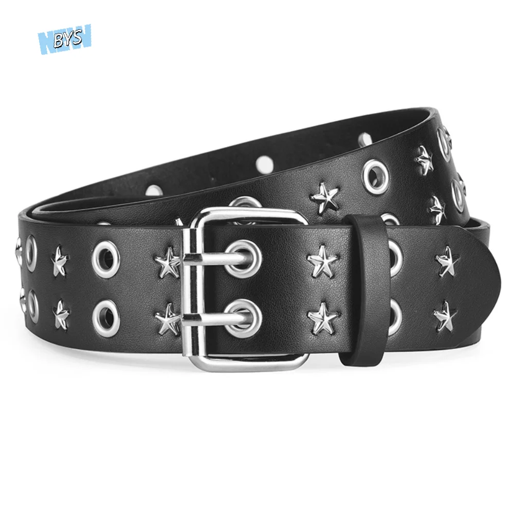 

Trend PU Leather Star Rivet Belt Gothic Hip Hop Double Row Buckle Waistband Chain Decorative Punk Style Y2K Belt Rock