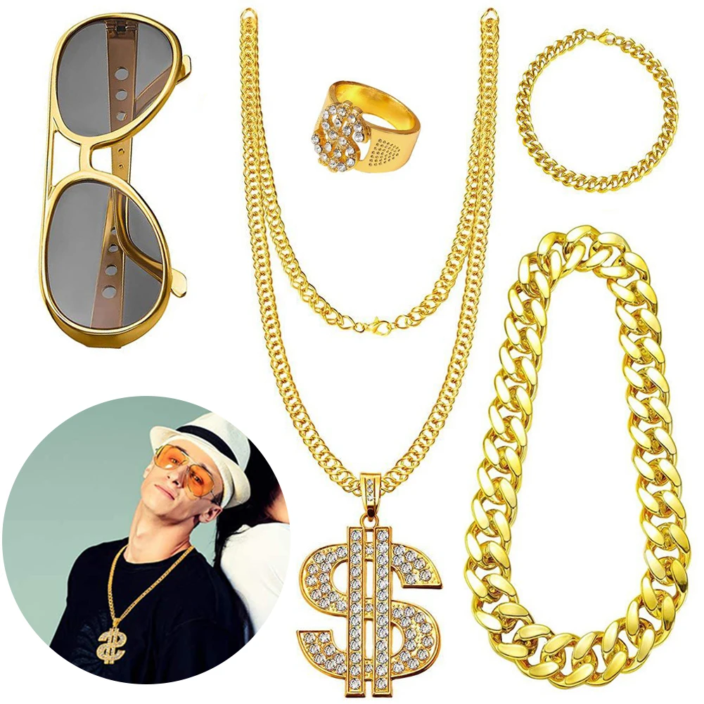 80s 90s Hip Hop Costume Kit for Men Vintage Rapper Cosplay Big Gold Metal Chain Glasses Bracelet Hip Hop Costume Accessories Set