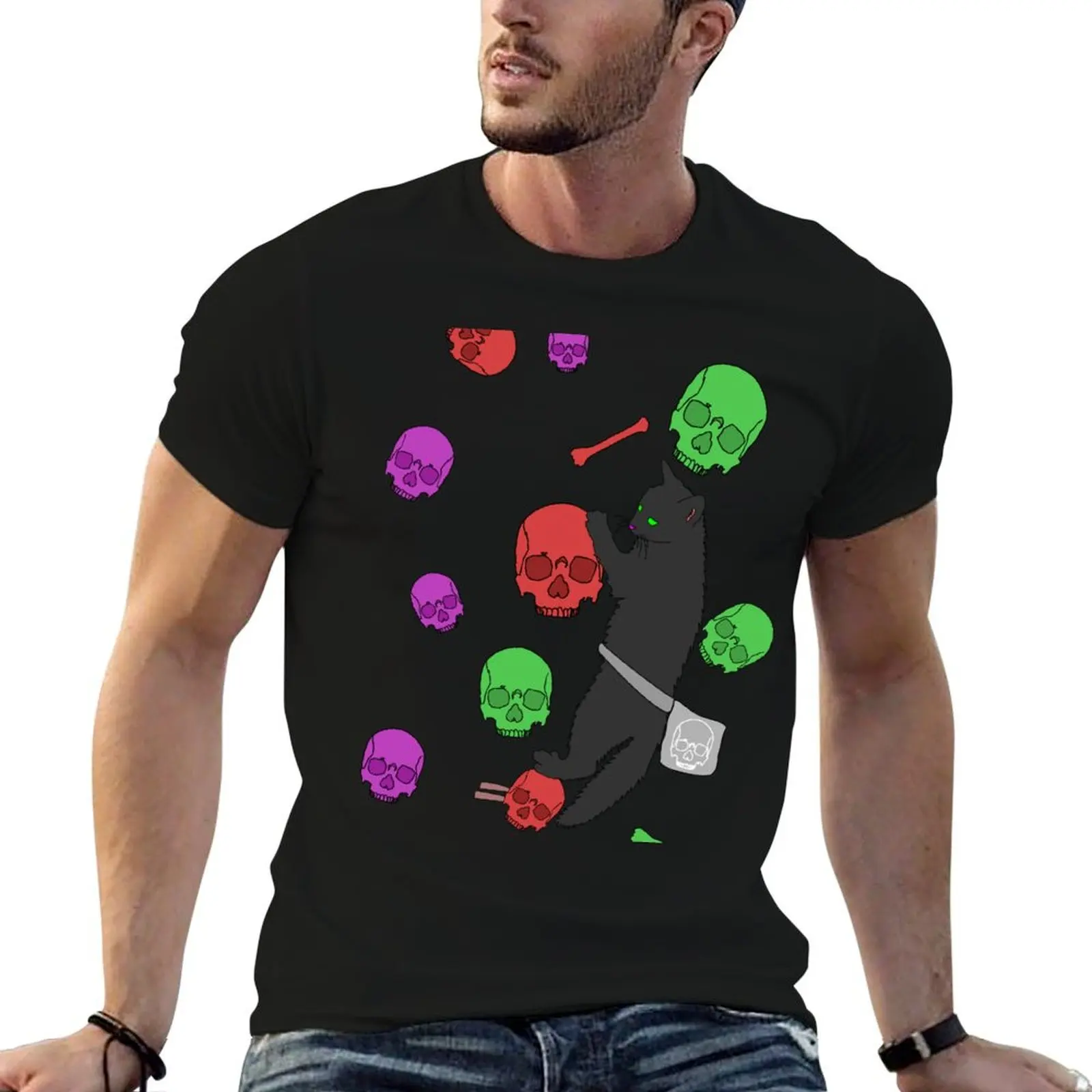

Black Cat climbing skull holds Halloween and Day of the Dead T-Shirt anime tshirt blanks mens t shirt graphic