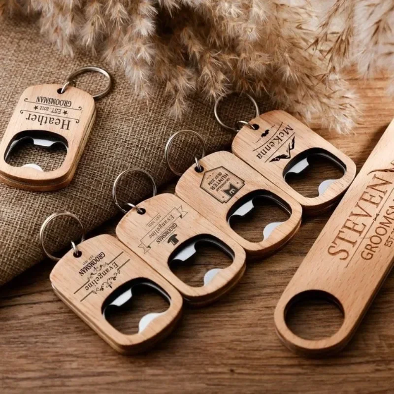 Vintage Personalize Wood Opener KeyringCustom Name Beer Bottle Tool Wooden Keychain for Wedding Laser Engrave Car Logo Key Chain