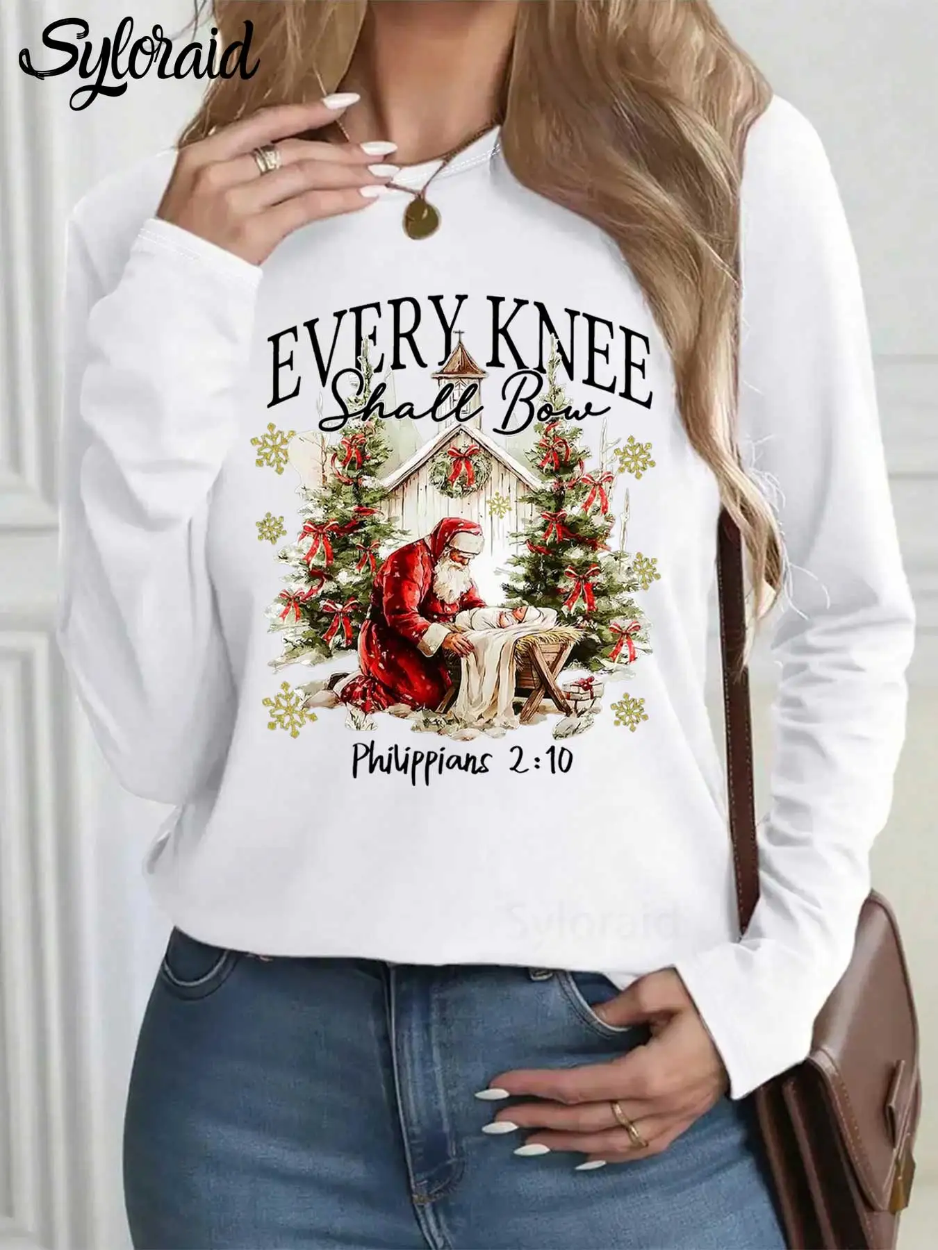Women's Long Sleeve T Shirt "Every Knee Shall Bow" Christmas Christian Print T Shirt Fashion Round Neck Casual Top
