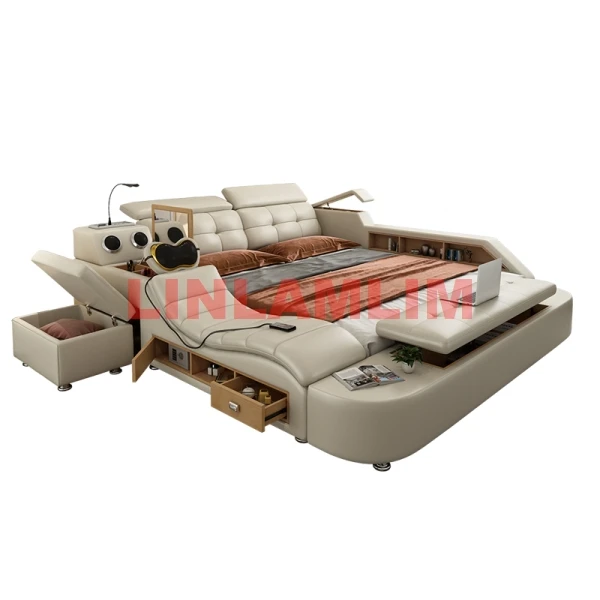 Genuine Leather Tatami Bed Multifunctional Tech Smart Beds Ultimate Massage Camas Upholstered Bed with Bluetooth,Speaker,Dresser