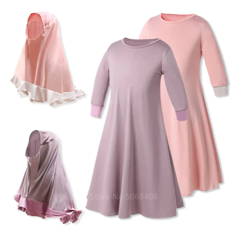 Muslim traditional clothing Islamic robe kids baby girls richer Saudi Arab Dubai solid abaya kaftan with ruffle bow hijab dress