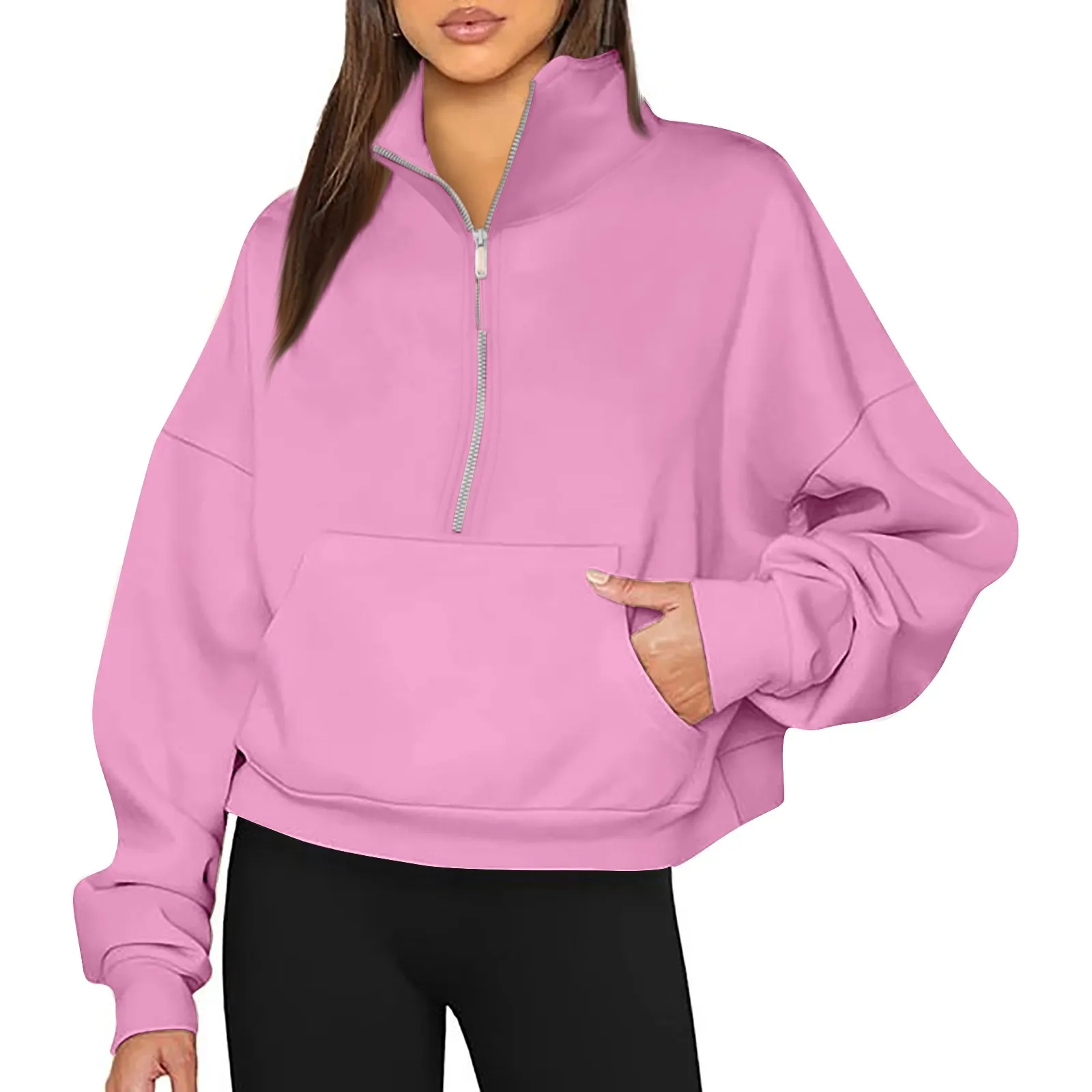 Half Zip Pullovers Women's Loose Hoodies Drop Sleeve Sweatshirts 2024 Fall Outfits Winter Clothes With Pockets Female Tops Pink