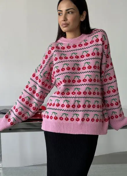 

Women's Autumn Winter Knit Sweater Long Sleeve Crewneck Cherry Print Casual Knitwear