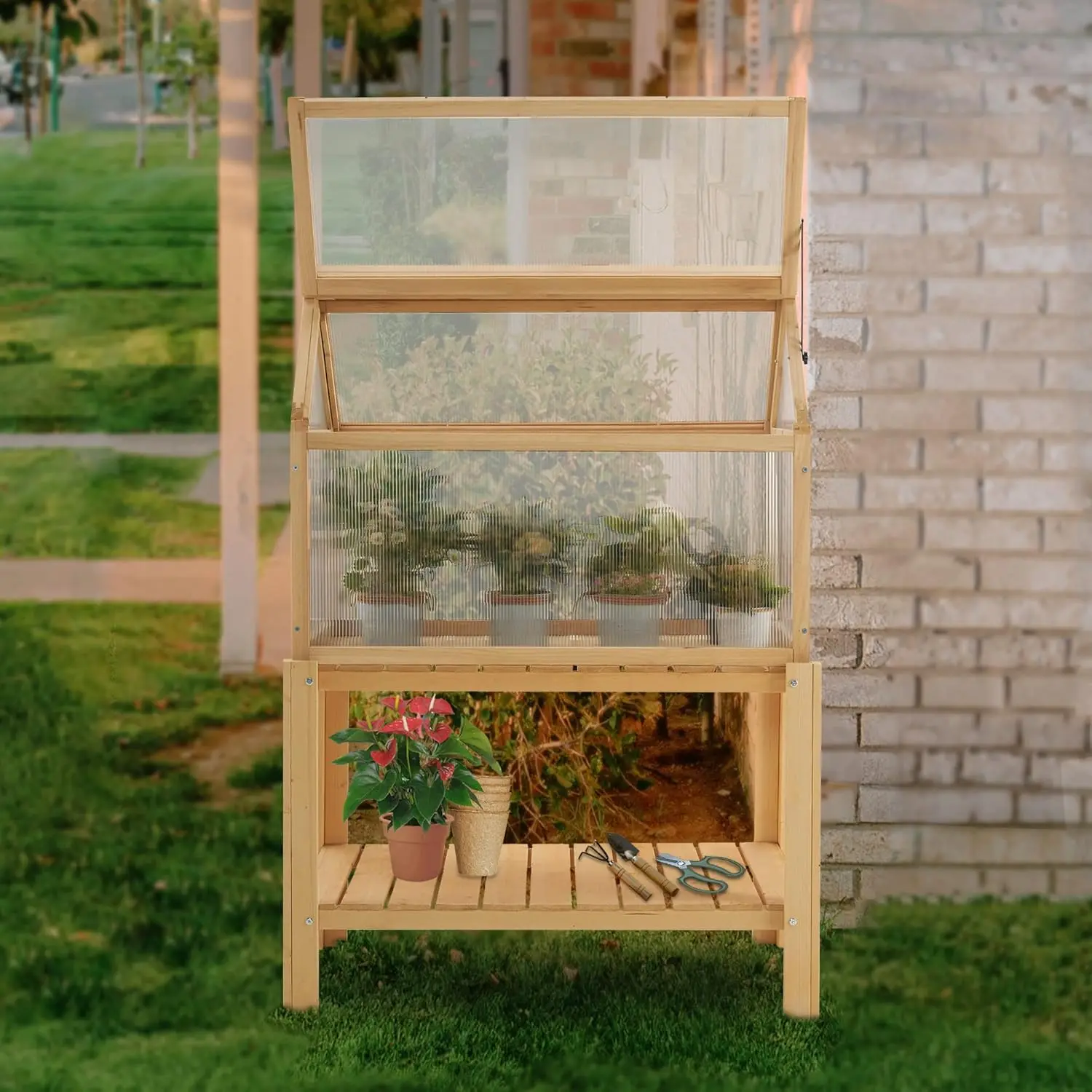 MCombo Cold Frame Greenhouse, Portable Wooden Greenhouse Raised Potted Plant Protection Box with Shelf for Outdoor Indoor Use