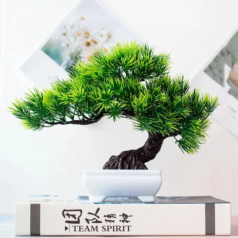 Green Artificial Pine Bonsai Small Potted Gardening Landscaping Home Bedroom Living Room Desktop Decoration Simulated Plants