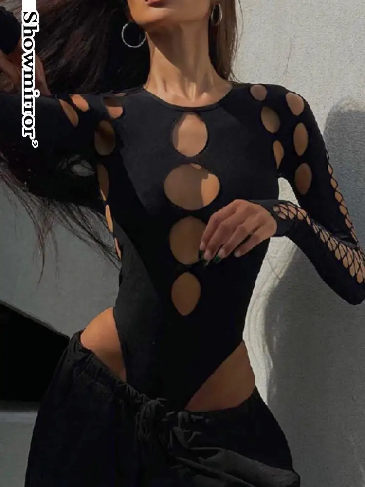 Showmirror hollow out gothic bodysuits longsleeve nightclub clothes women autumn clothing Streetwear punk tops