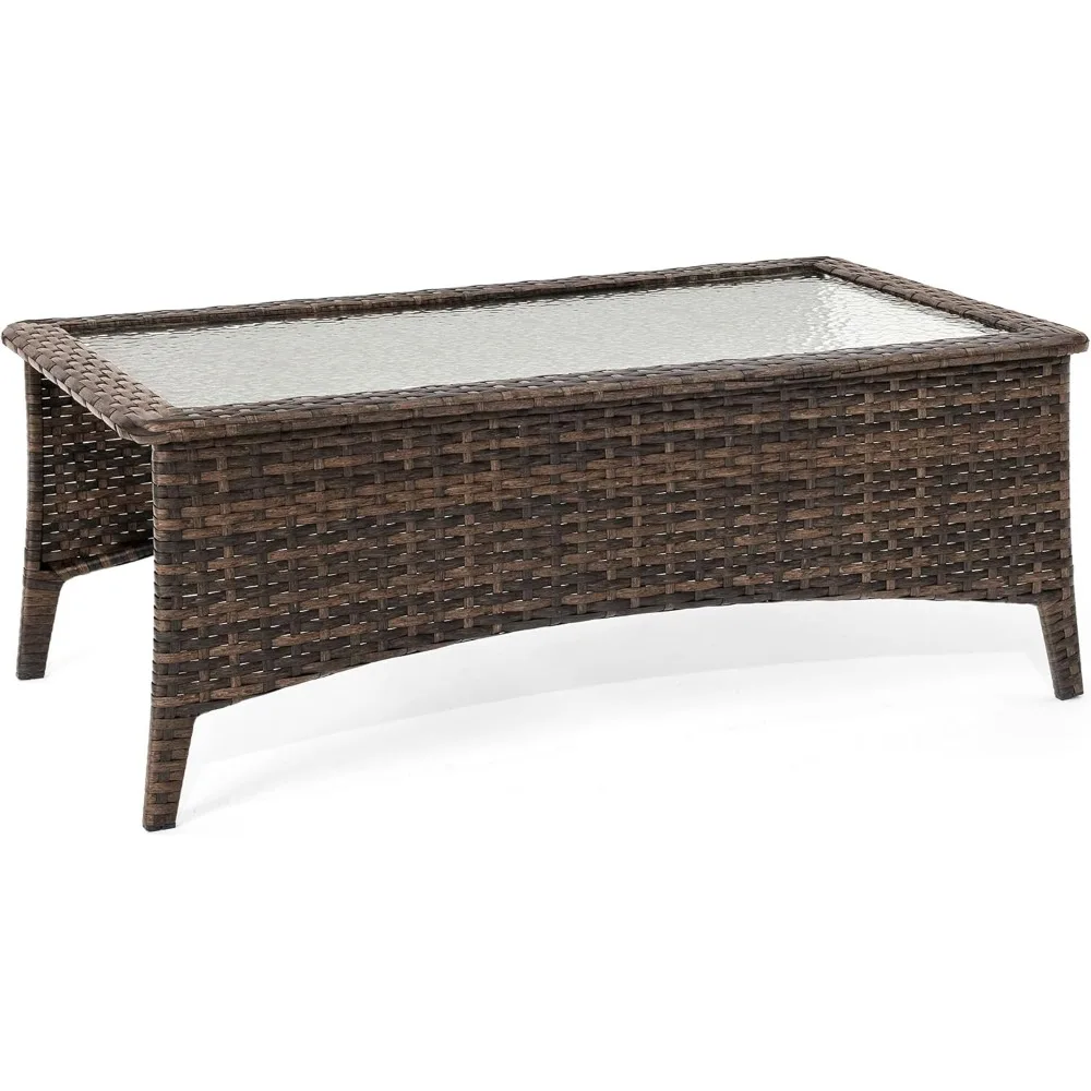 

Outdoor Coffee Table with Tempered Glass Top, Brown Wicker Patio Table, Ideal for Garden, Deck, and Yard
