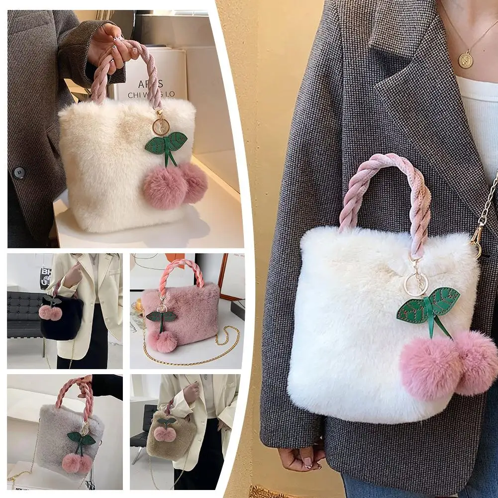 Fashion All Cute Cherry Girl Plush Tote Bag Female Autumn Girls Bag Crossbody Plush Winter Single Handbag Shoulder Canvas F C8S5