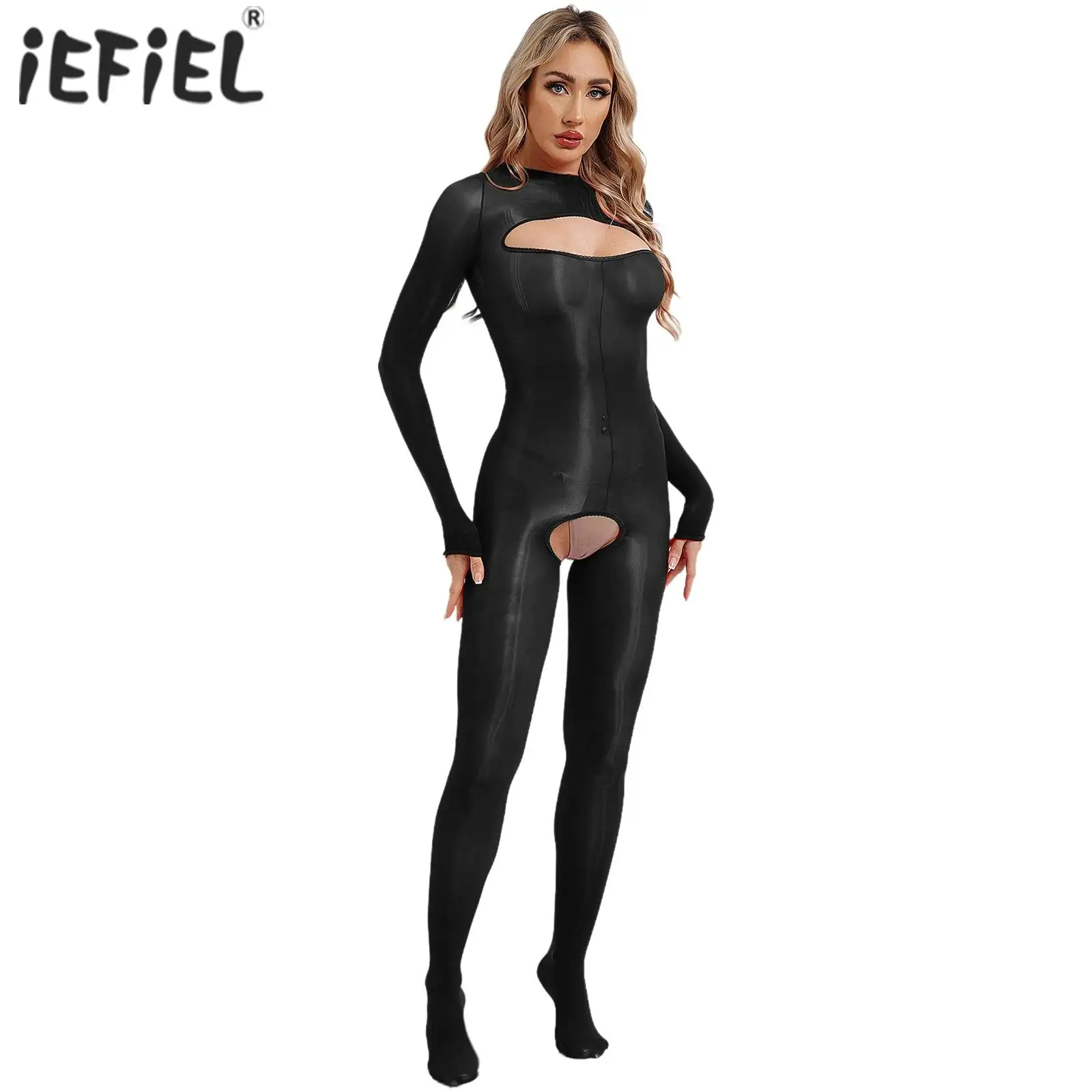 Womens Exotic Bodysuit Glossy See-Through Bodystockings Long Sleeve Open Breast Crotchless Clubwear Tempting Catsuit Jumpsuit